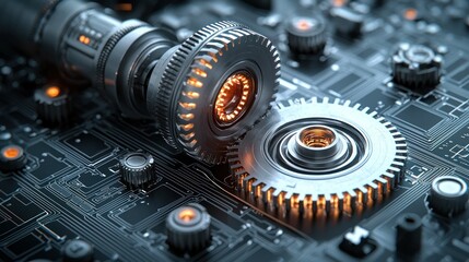 Futuristic Gears on Circuit Board:  Precision Engineering and Technological Advancement
