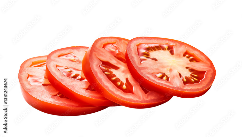 Poster a close up view of four sliced tomatoes arranged in a row against a stark space here on transparent 