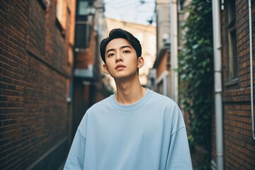 Fototapeta premium Man in Light Blue Shirt in Narrow Alleyway