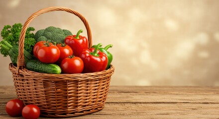Rustic basket of fresh vegetables: tomatoes, peppers, and broccoli on wooden table