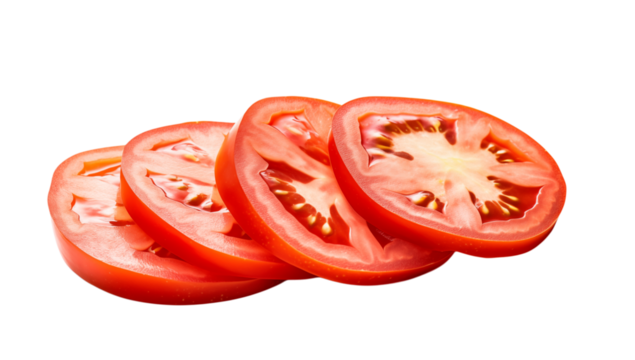 A close up view of four sliced tomatoes arranged in a row against a stark  space here on transparent background png