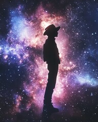 A glowing silhouette of an astronaut stands against a vibrant cosmic nebula, showcasing the beauty and mystery of outer space on the International Day of Human Space Flight.