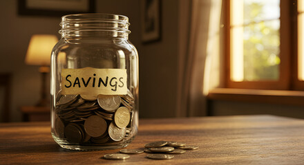 Glass jar filled with coins labeled 'Savings,' symbolizing financial planning, budgeting, and smart money management for future financial security.