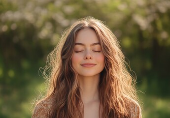 Fototapeta premium Serene woman with long hair and closed eyes standing in a sunlit meadow, soft natural lighting, peaceful atmosphere, green grass, outdoor scenery, tranquil mood.