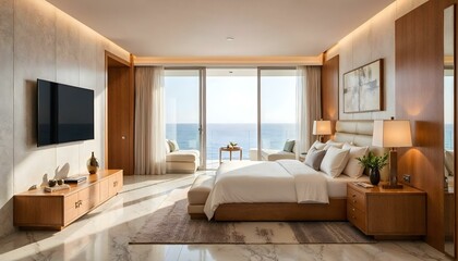Large high end luxury seaside resort bedroom with seating space and rich lush furniture