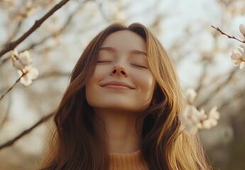 Fototapeta premium Serene woman with long hair and closed eyes standing in a sunlit meadow, soft natural lighting, peaceful atmosphere, green grass, outdoor scenery, tranquil mood.