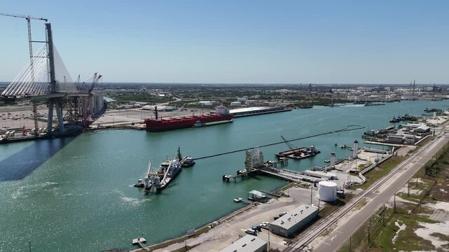 New Corpus Christi US 181 Harbor Bridge under construction at the port of Corpus Christi, Texas 4K Aerial Drone Shot