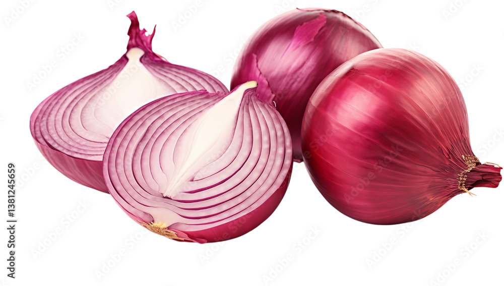 Poster close up of two whole red onions and one red onion cut in half on a surface on transparent backgroun