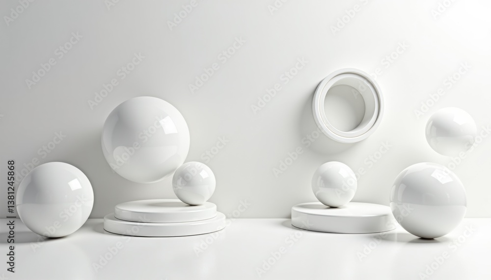 Poster modern white spheres in minimalist setting on clean backdrop