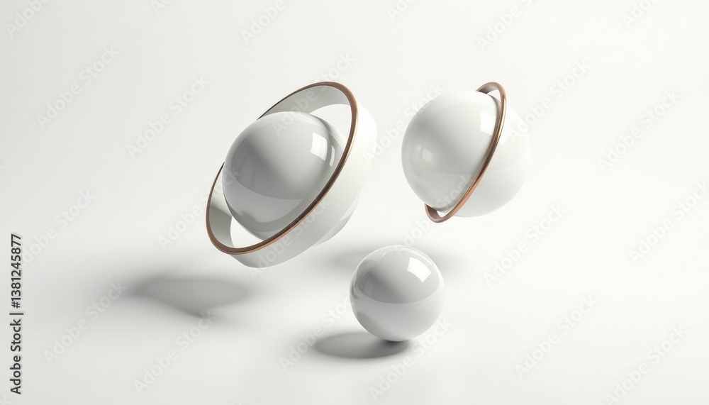 Poster abstract spheres with rings floating on a white background