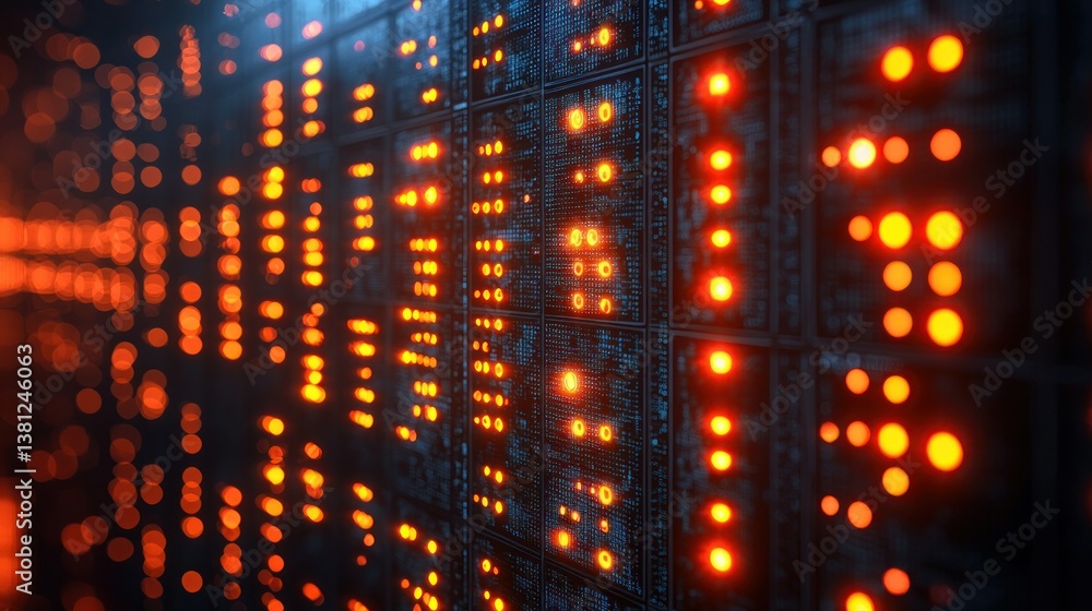 Poster abstract digital wall of light: glowing circuits and binary code