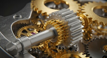Ultra-HD macro shot of an intricate gear system with gold and silver plating