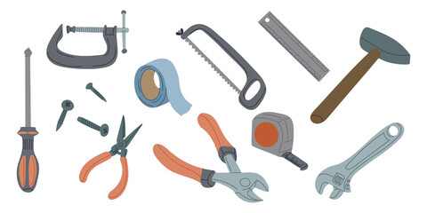 Hand drawn set of construction and repair tools including screwdriver, saw, hammer, pliers and tape. DIY and maintenance concept representing home improvement and craftsmanship