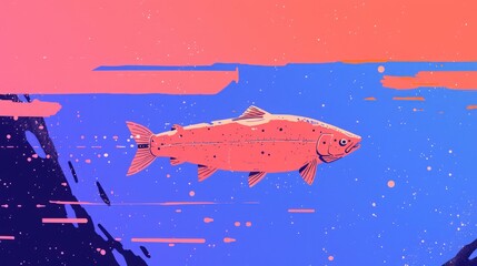 Salmon in Retro Style, Stylized salmon swimming in vibrant water