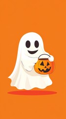 Obraz premium Happy ghost trick-or-treating on orange background