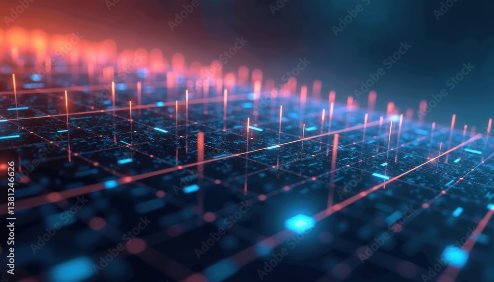 Poster Abstract digital grid with glowing nodes in blue and red tones  