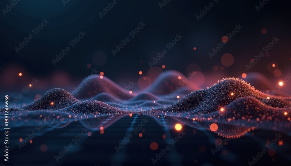 Poster abstract texture of glowing waves with particles in a dark background -