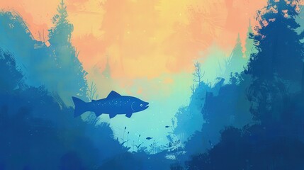 Salmon in River, Watercolor Style, Peaceful watercolor painting of a salmon swimming upstream.