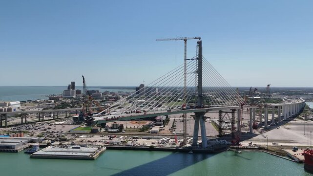 New Corpus Christi US 181 Harbor Bridge under construction at the port of Corpus Christi, Texas 4K Aerial Drone Shot