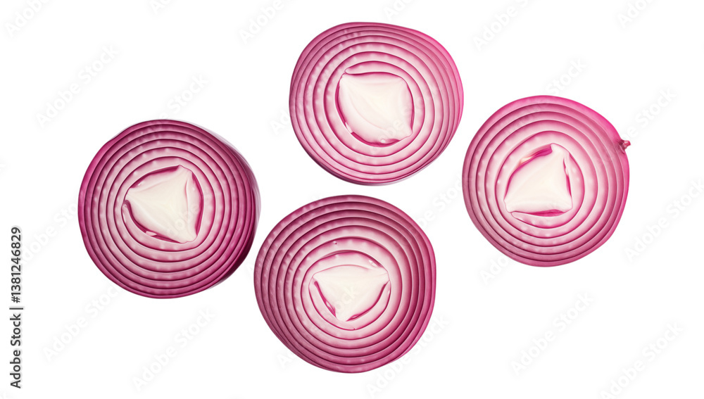 Poster a top view of four sliced red onions with white centers arranged on a plain showing rings on transpa