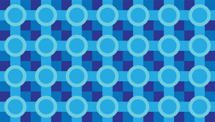Seamless geometric pattern featuring interconnected blue circles over a dark blue checkered background. Ideal for modern design, tech-style wallpapers, and digital fabric prints