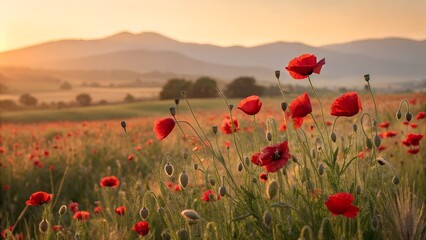 Vibrant poppy field bathed in warm sunlight. Red flowers bloom against a soft blurred background. Serene landscape evokes feelings of peace, joy. Nature beauty, floral paradise. 
