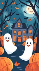 Spooky ghosts near haunted house at night