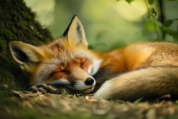 Obraz premium Peaceful red fox sleeping in sunlit forest on mossy ground