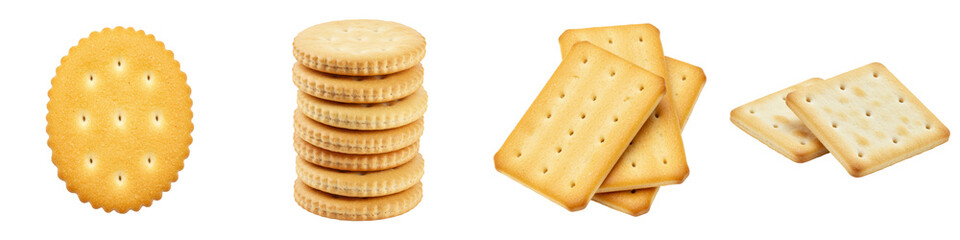 Fototapeta premium An assortment of crisp golden crackers in various shapes and stacks.