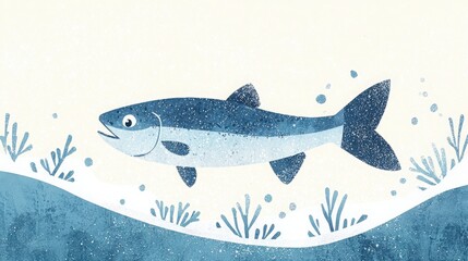Fototapeta premium Cute Cartoon Fish Illustration, Adorable blue fish swimming in underwater scene.