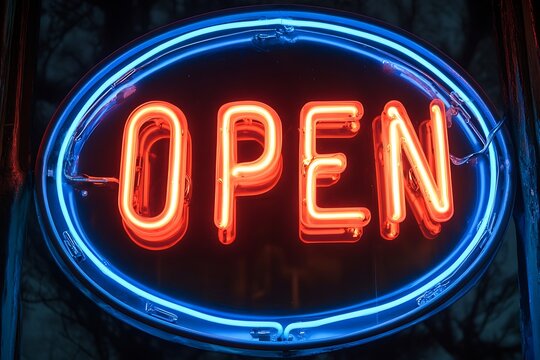 A vibrant neon "OPEN" sign glows brightly, inviting customers into a bustling nighttime establishment, its red letters a beacon of welcome against a dark blue backdrop.