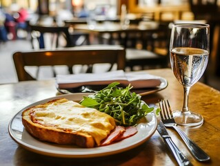 Tasty Gourmet Meal at a Cozy Cafe: Enjoy Appetizing Cheese Toast and Fresh Salad in a Charming Bistro Ambiente