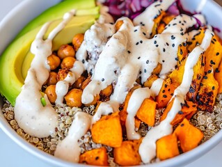 Healthy Quinoa & Avocado Bowl: Nutritious Vegan Meal with Grilled Sweet Potato and Chickpeas