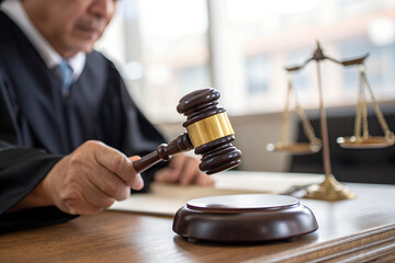 judge holds gavel in courtroom delivers verdict