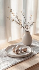 On a wooden table, on a linen napkin, there is a Scandinavian-style vase with branches, next to it is a plate filled with eggs and an Easter bunny. Minimalism, vertical photo