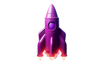 A vibrant purple rocket ship blasting off into the darkness of space with bright flames beneath on transparent background png