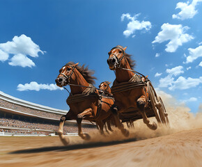 A Roman chariot team in the middle of a race, the horses pulling the chariot at full speed through the Circus Maximus.

