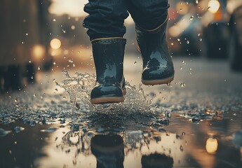 A child wearing rain boots jumping in puddles on the street, rainy weather, splashing water, close-up of feet and shoes