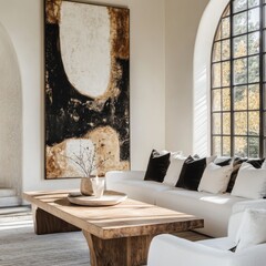 Modern living room featuring a large abstract art piece, a light beige sofa, and a wooden coffee table.  Natural light streams through large arched windows