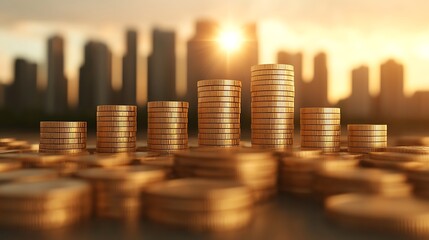 Golden Coins Stacked on Cityscape Background Symbolizing Prosperity, Wealth Building, Financial Growth, and Accumulation Over Time.