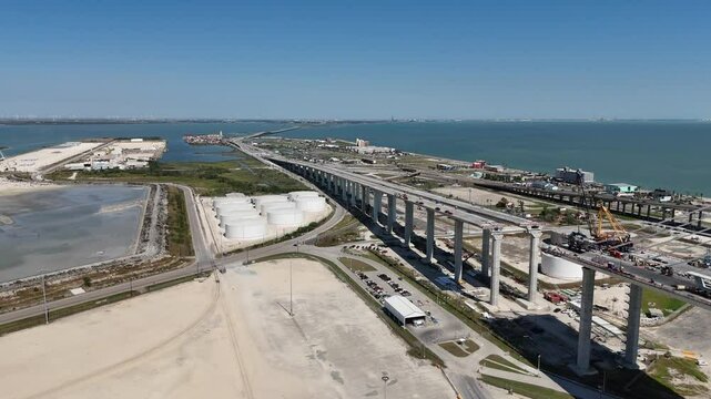 New Corpus Christi US 181 Harbor Bridge under construction at the port of Corpus Christi, Texas 4K Aerial Drone Shot