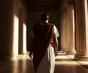 A Roman senator walking through the halls of the Senate, where political debates and decisions are being made.

