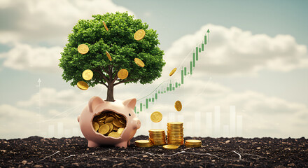 Creative financial growth concept with a piggy bank transforming into a money tree, symbolizing investment, savings, and wealth accumulation.