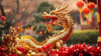 Fototapeta premium A koi pond reflecting the soft glow of red lanterns and golden decorations creating a peaceful atmosphere