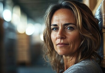 Obraz premium Soft portrait of a woman with medium-length brown hair wearing a gray sweater, blurred background, warm side lighting, cozy indoor ambiance, gentle shadows