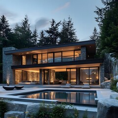 Fototapeta premium Luxurious Modern Stone House with Infinity Pool at Dusk Forest Setting