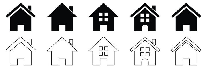  Home icons house symbol. Set of real estate objects and houses black icons isolated on white background. Vector illustration. 