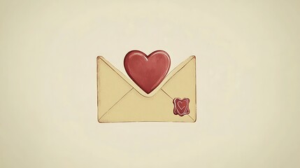 A vintage-style love letter.  A beige envelope with a red heart and wax seal