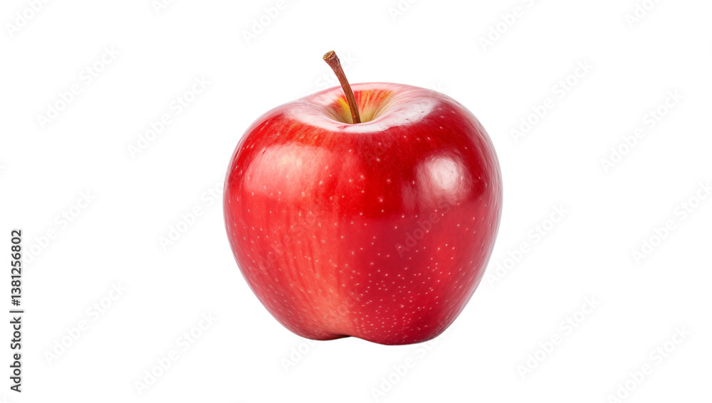 Poster a single shiny red apple with a stem isolated against a plain in a studio shot on transparent backgr