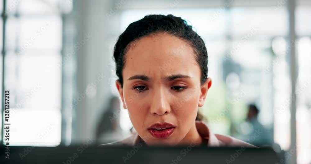Poster confused, reading and business woman on computer for problem solving, think or financial audit. tech